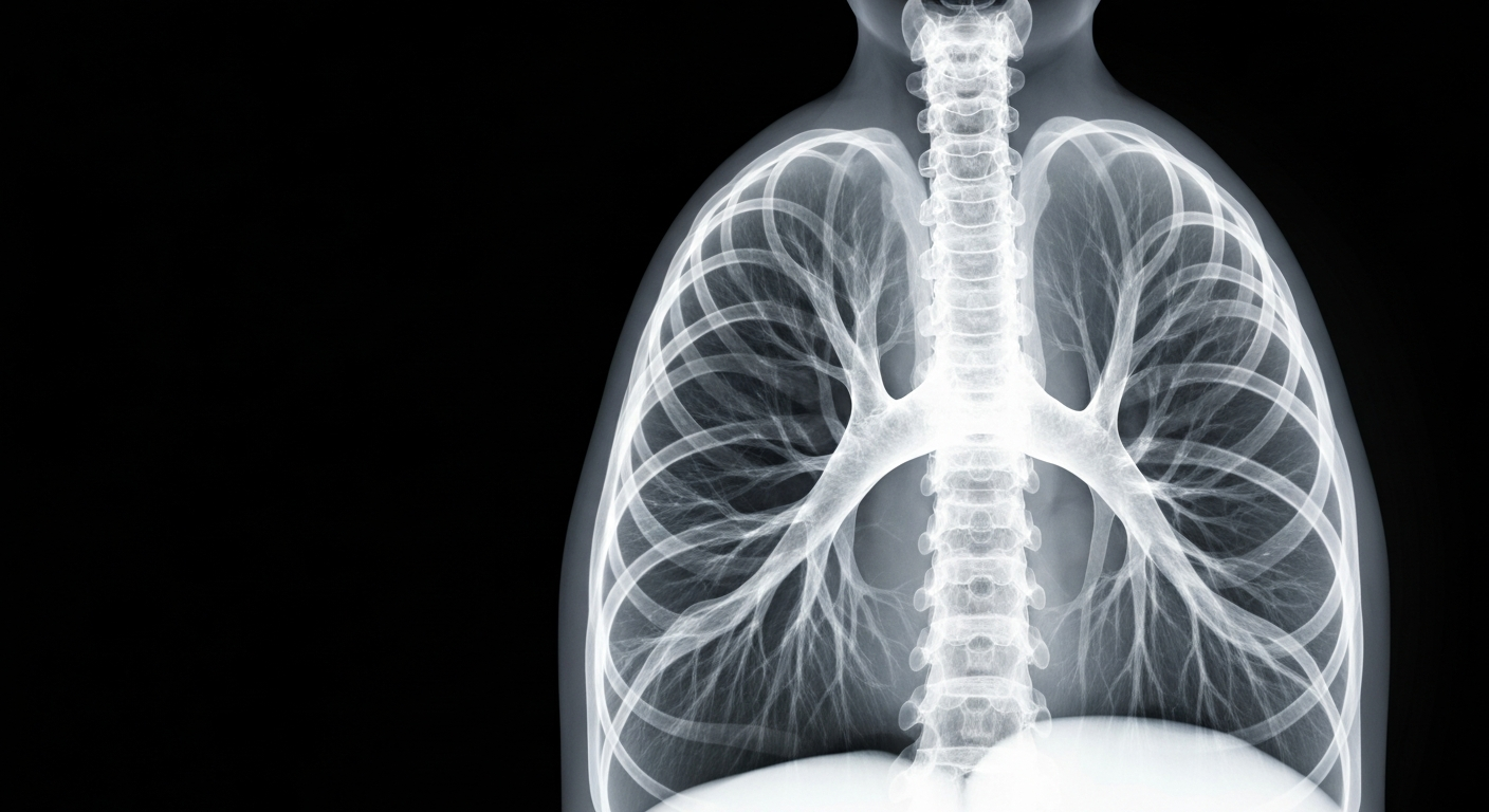 A ghostly, translucent X-ray photograph revealing the internal structures of human lungs, conceptually representing the early detection of lung cancer.