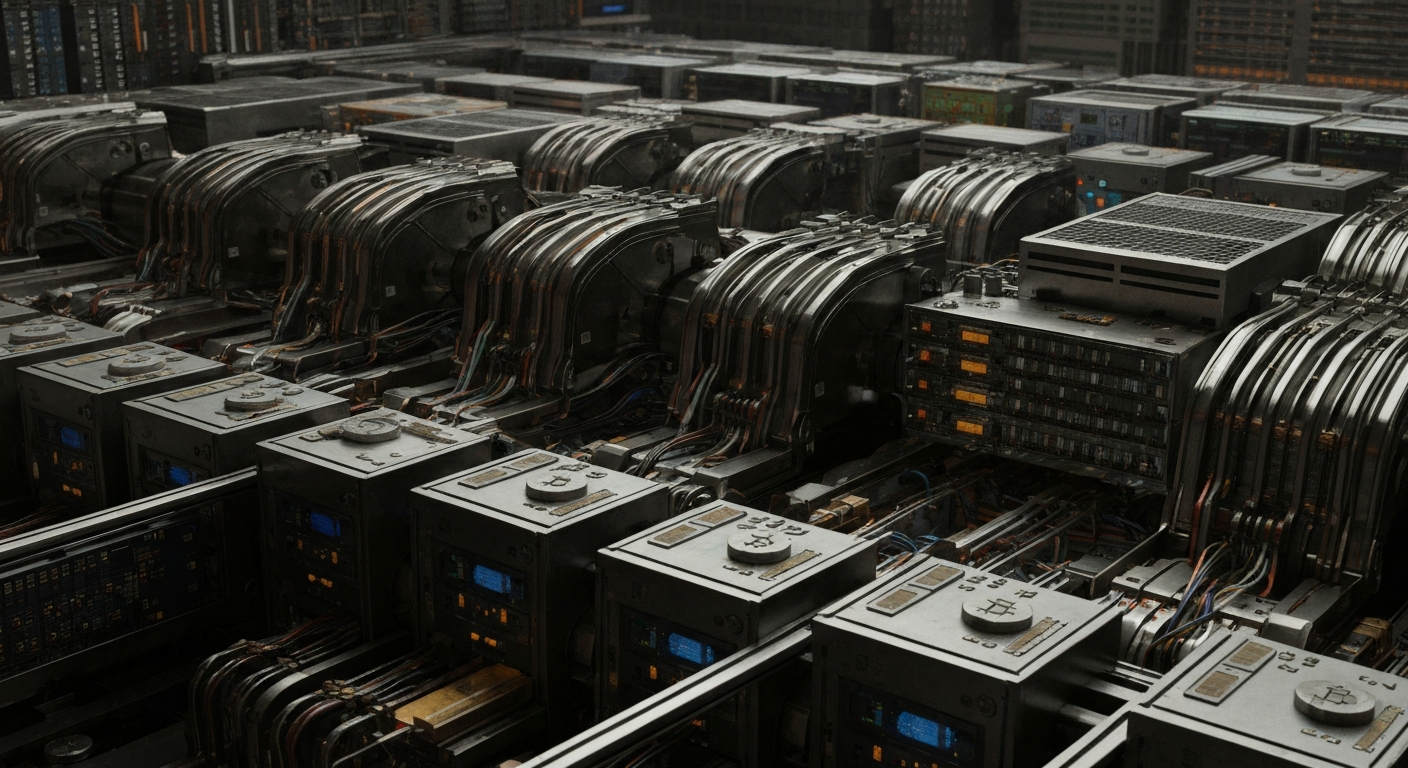 An extreme close-up of a tangle of metal gears, wires, and circuit boards, representing the complex financial infrastructure underlying Bitcoin ETFs and institutional crypto investment.