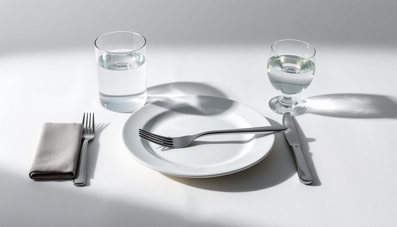 A minimalist, photorealistic studio still life featuring a white ceramic plate, stainless steel fork and knife, and a glass of water, conceptually representing the financial challenges facing the restaurant industry.