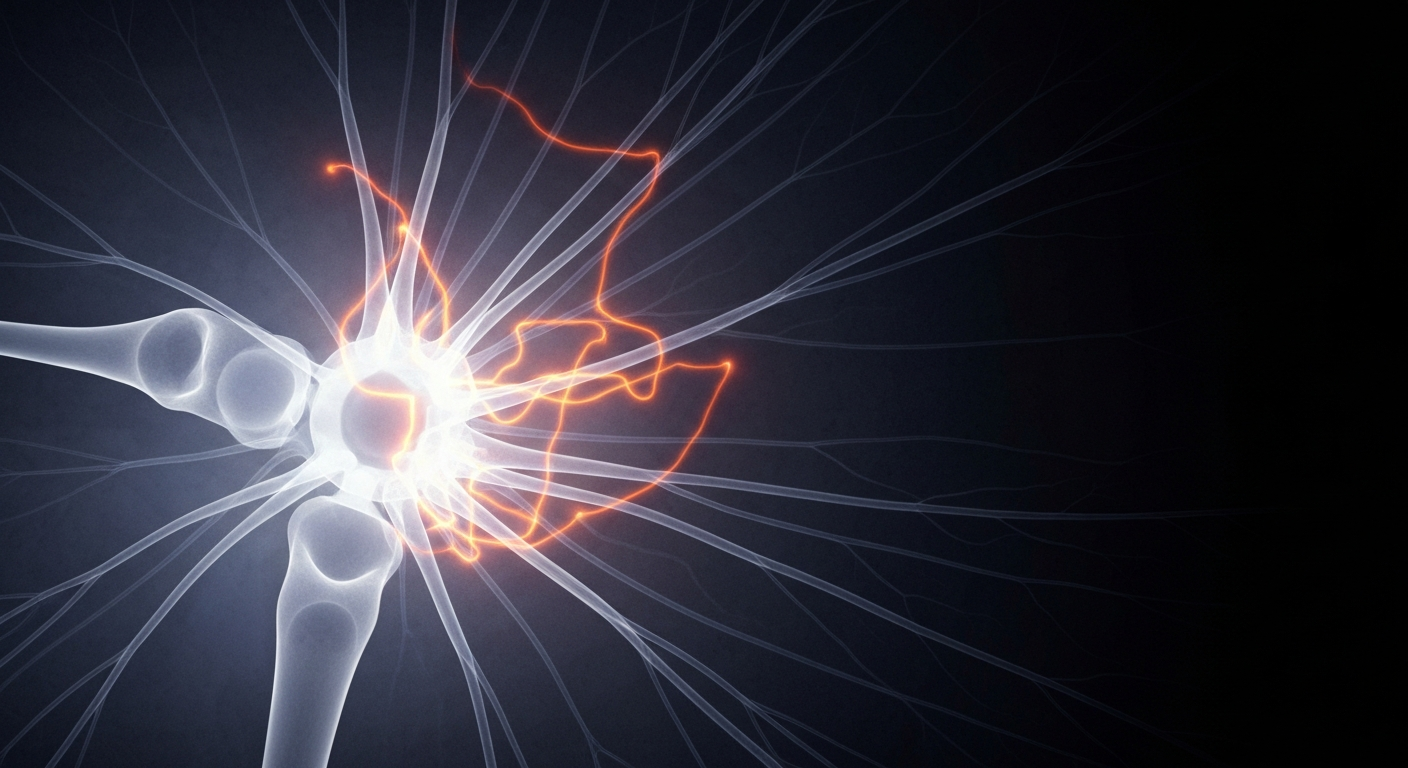 A translucent X-ray photograph showing the delicate internal structure of the human retina, with glowing lines and shapes representing the complex electrophysiology affected by dry age-related macular degeneration.