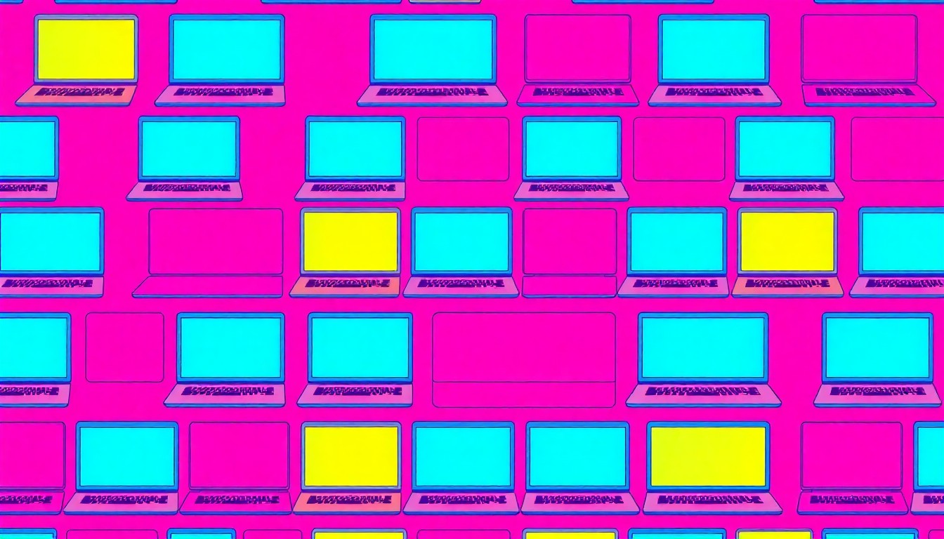 A bold, abstract grid of neon-colored laptop computers, conceptually representing the competitive energy and technical skills required for a high school programming contest.