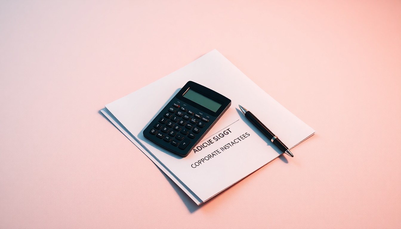 A photorealistic studio still-life featuring a stack of stock trading documents, a calculator, and a pen arranged elegantly on a clean, monochromatic background, symbolizing the abstract corporate strategy and finance at the heart of this securities fraud case.
