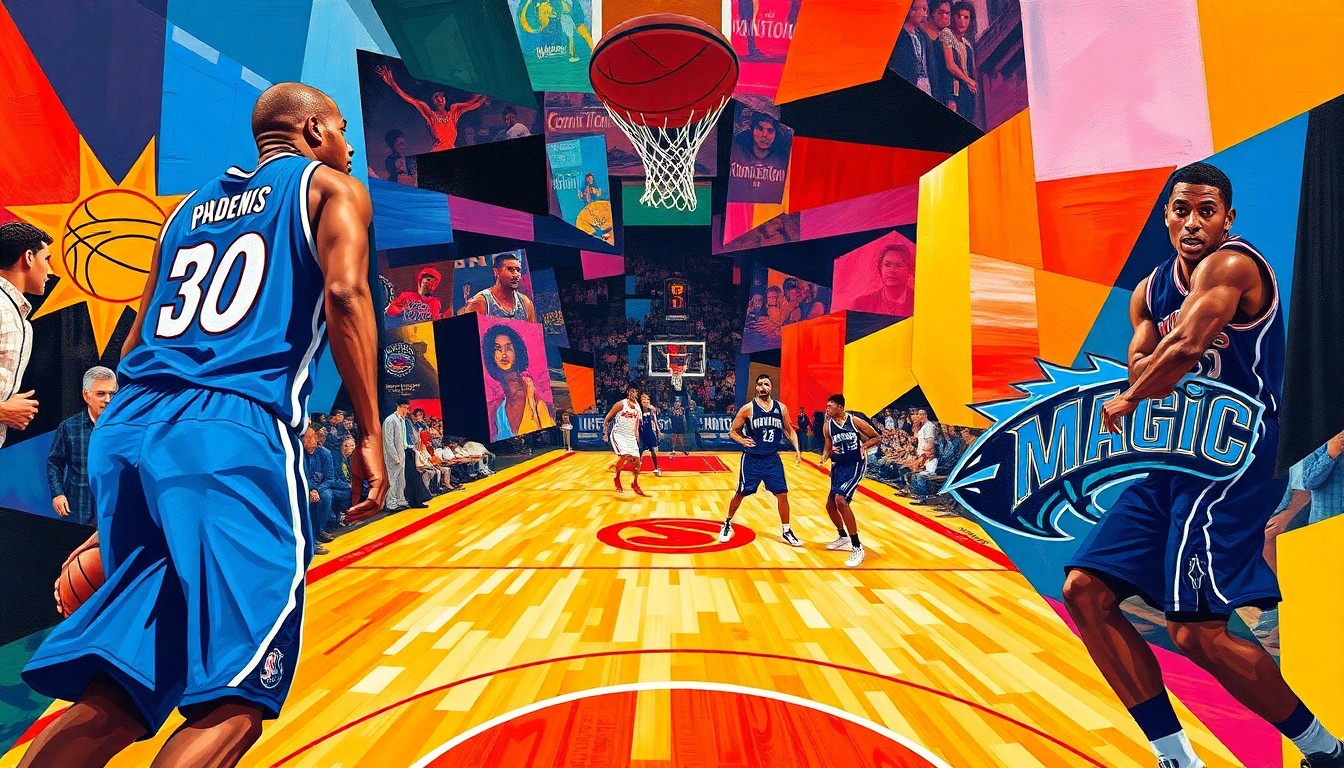 A cubist, geometric painting depicting a basketball game, with sharp planes of color representing the players and action on the court.