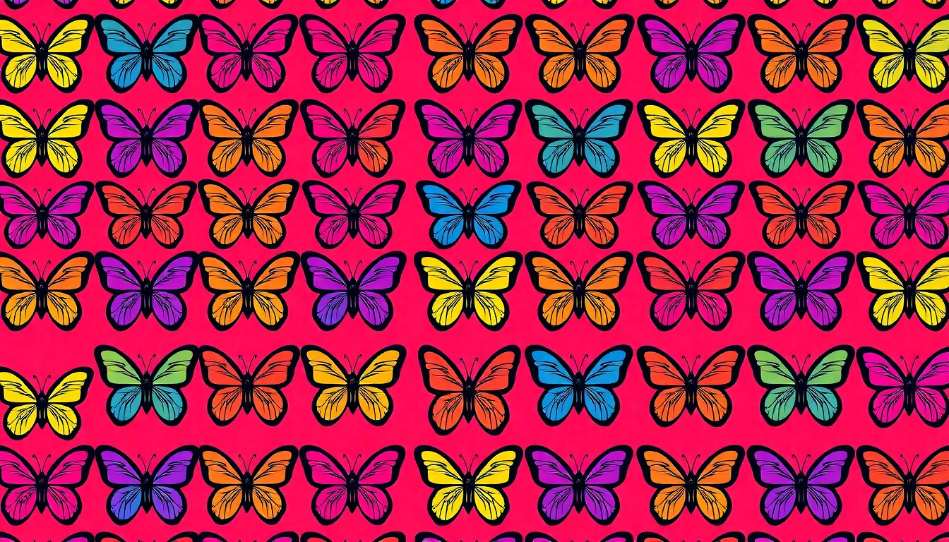 A vibrant, abstract grid of stylized butterfly icons in neon pink, yellow, and blue, conveying the joyful and immersive experience of a butterfly exhibit.