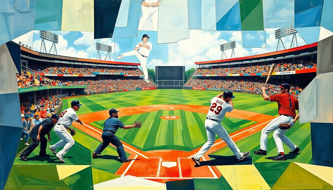 A cubist-style painting depicting a fragmented baseball game, with the players, umpire, and field broken down into sharp, overlapping geometric shapes in a vibrant color palette, conveying the energy and strategy of the new automated strike zone technology.