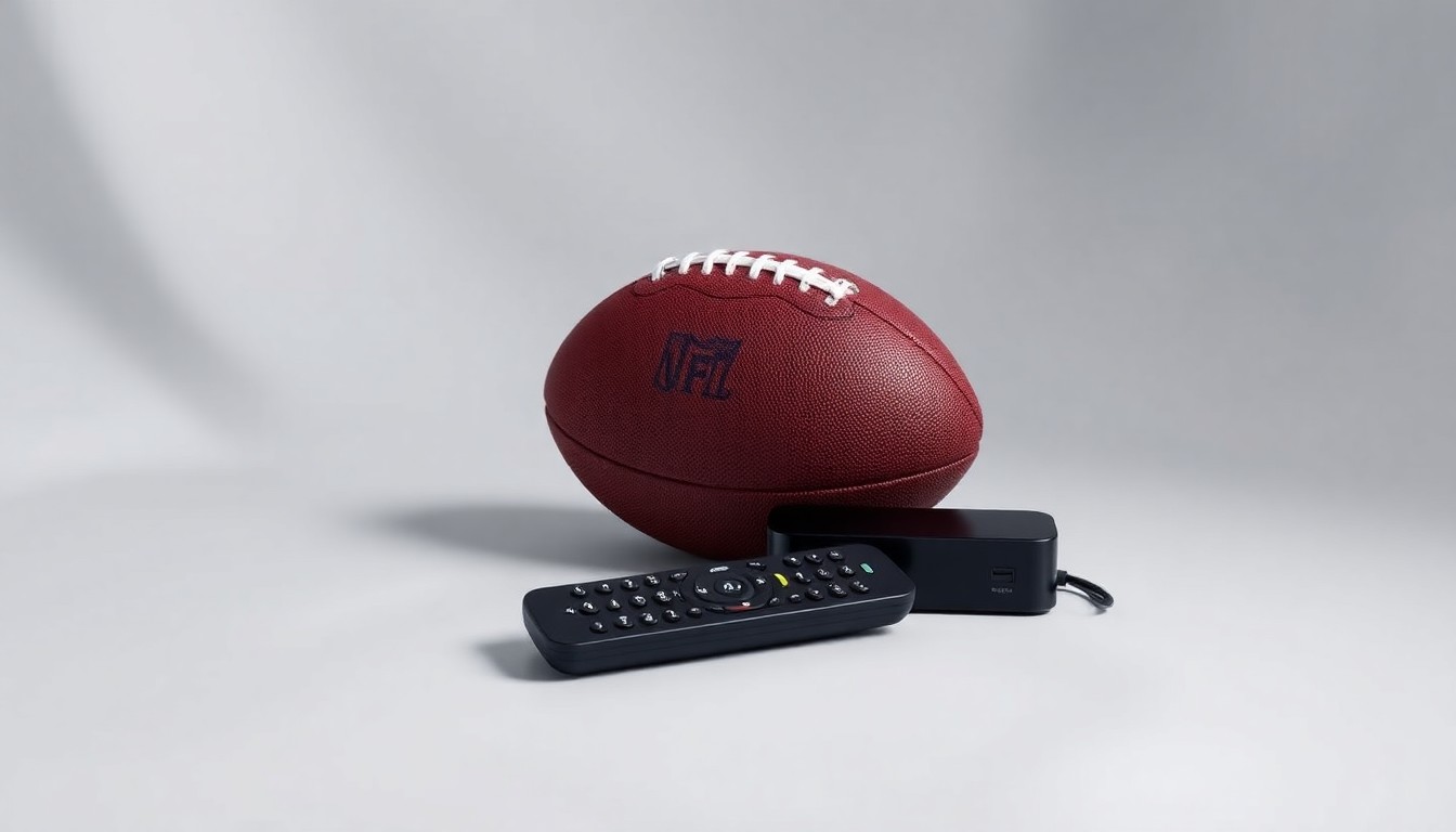A minimalist studio still life photograph featuring a football, a remote control, and a streaming device arranged on a clean, monochromatic background, symbolizing the convergence of live sports, streaming technology, and the business of media rights.