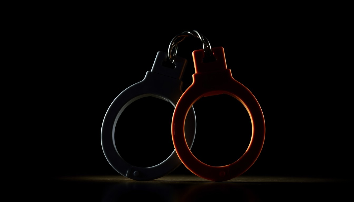 An extreme close-up photograph of a pair of small, silver toy handcuffs against a completely black background, lit by a harsh, direct camera flash to create a stark, gritty, and investigative aesthetic.