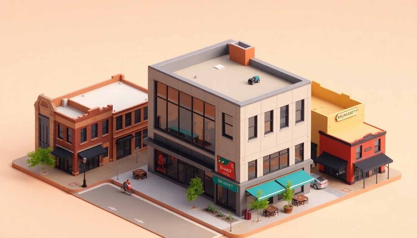 A highly detailed, colorful isometric 3D illustration of a miniature model of the new Brundrett building, featuring a modern angular design with large windows and outdoor dining areas, set against a pastel background with other stylized historic buildings and shops in Gilbert's Heritage District.