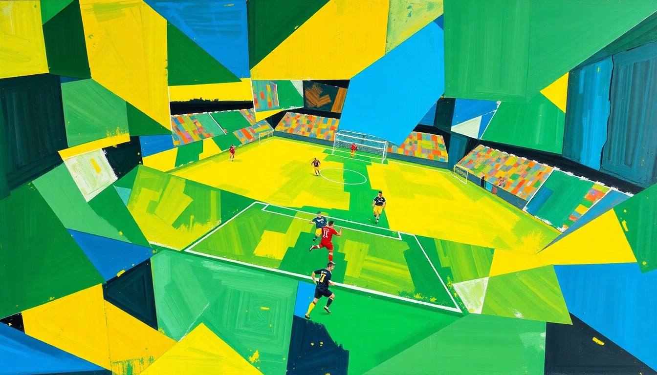 A cubist, geometric painting depicting a fragmented soccer match, with sharp, overlapping planes of color representing the dynamic movements and energy of the game.
