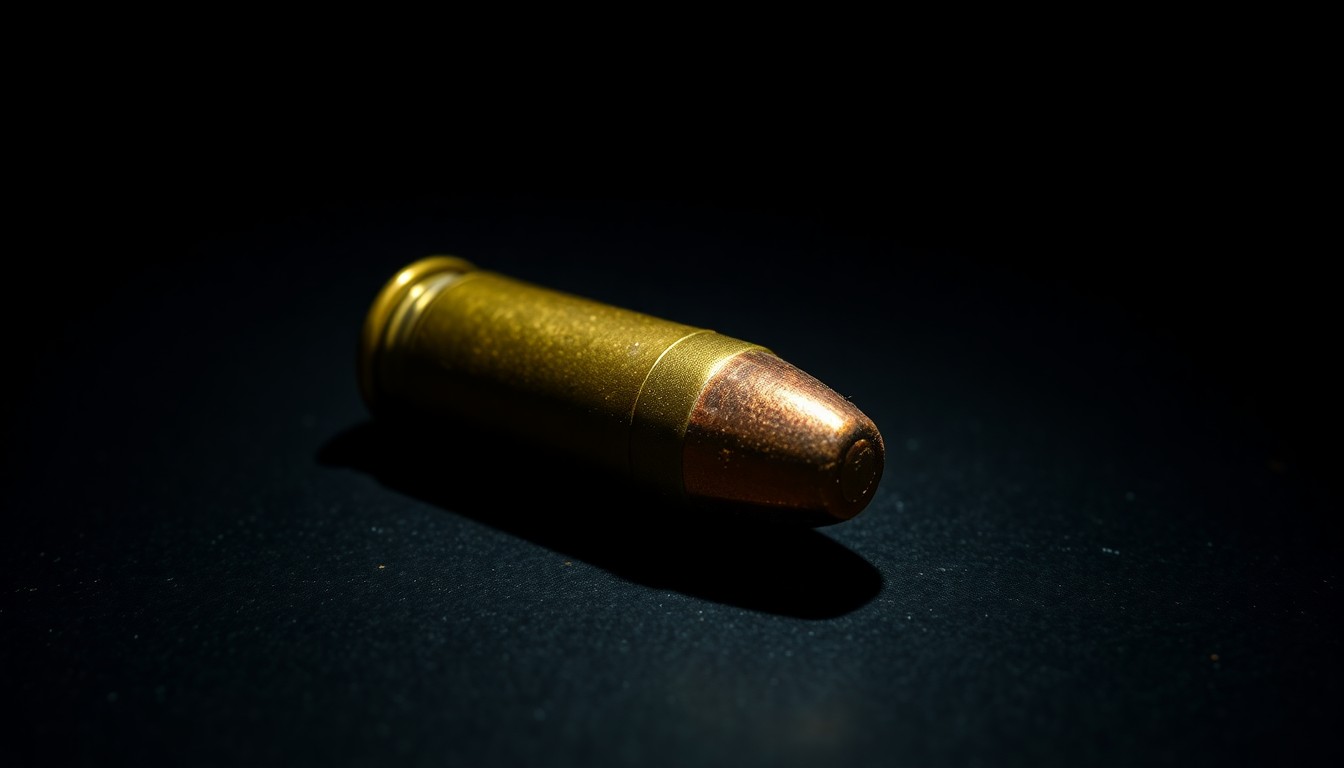 An extreme close-up photograph of a spent bullet casing on a dark, textured surface, lit by a harsh, direct camera flash, conceptually representing the aftermath of a shooting incident.