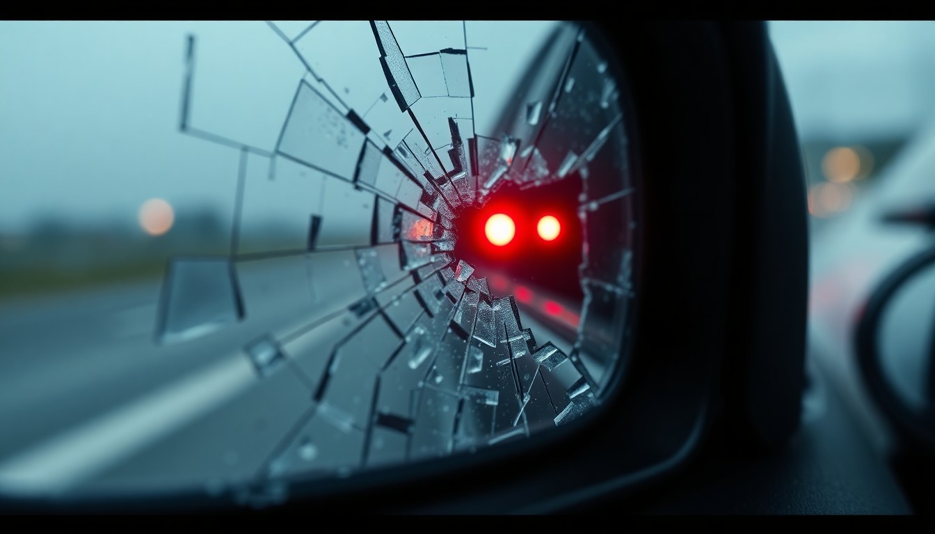 An extreme close-up photograph of a shattered car mirror reflecting a faint red light, conceptually illustrating the aftermath of a hit-and-run incident.