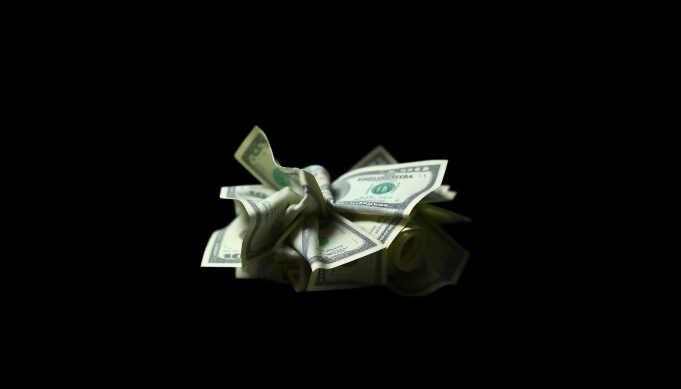 An extreme close-up photograph of a crumpled wad of $100 bills, the harsh flash creating dramatic shadows and textures to convey a sense of the dangers of sudden wealth without proper guidance.