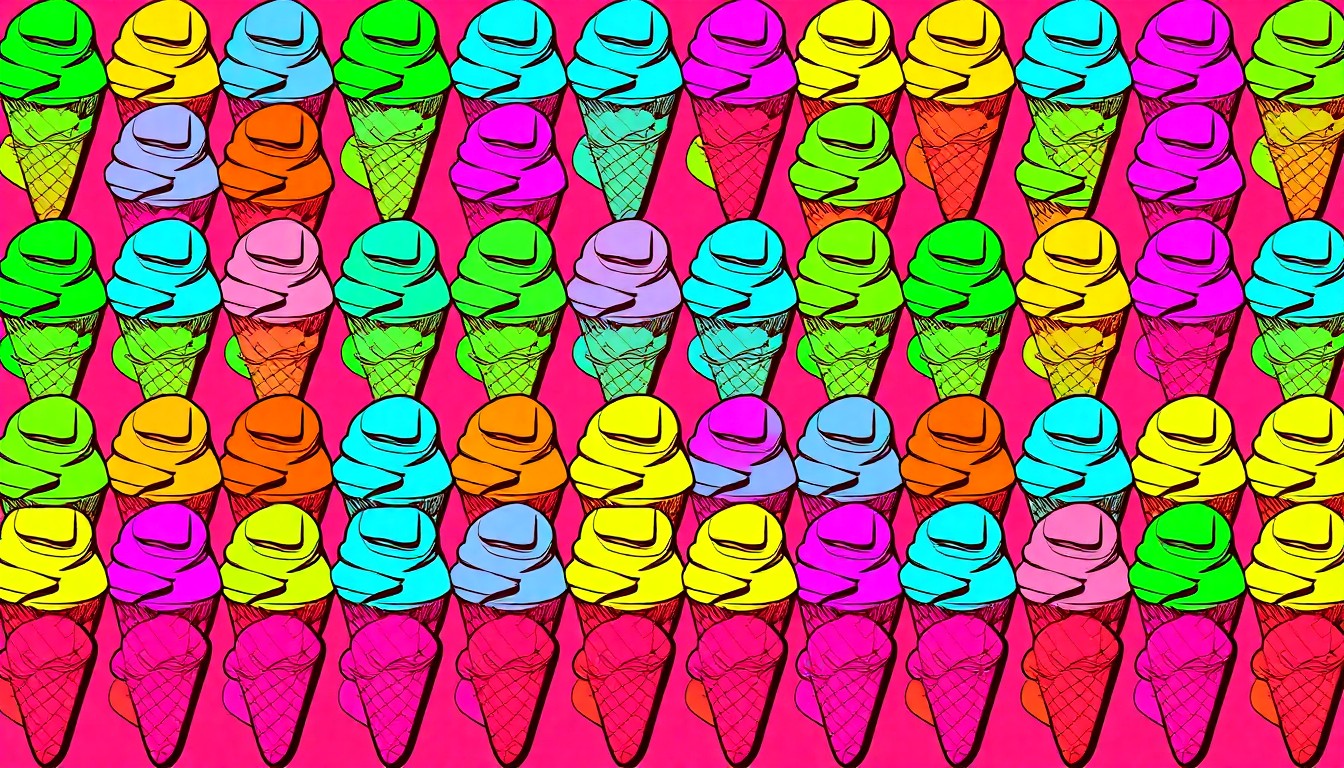 A brightly colored, high-contrast silkscreen print of various ice cream cone shapes and flavors repeated in a tight grid pattern, conceptually representing the diverse global desserts offered at the new Dumont Creamery & Cafe location.
