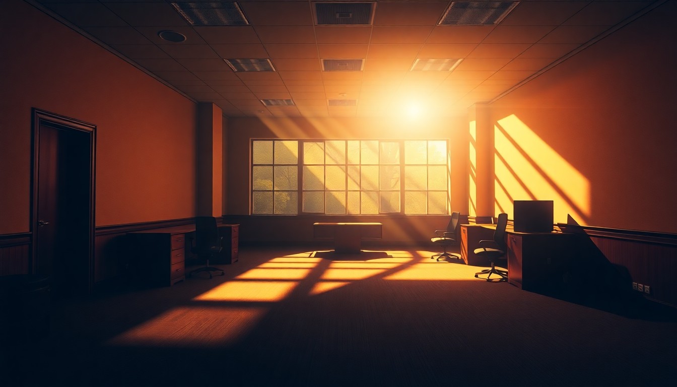 A dimly lit, cinematic painting of an empty government office space, with warm sunlight streaming through the windows and deep shadows cast across the room, conveying a sense of unresolved tension and conflict.