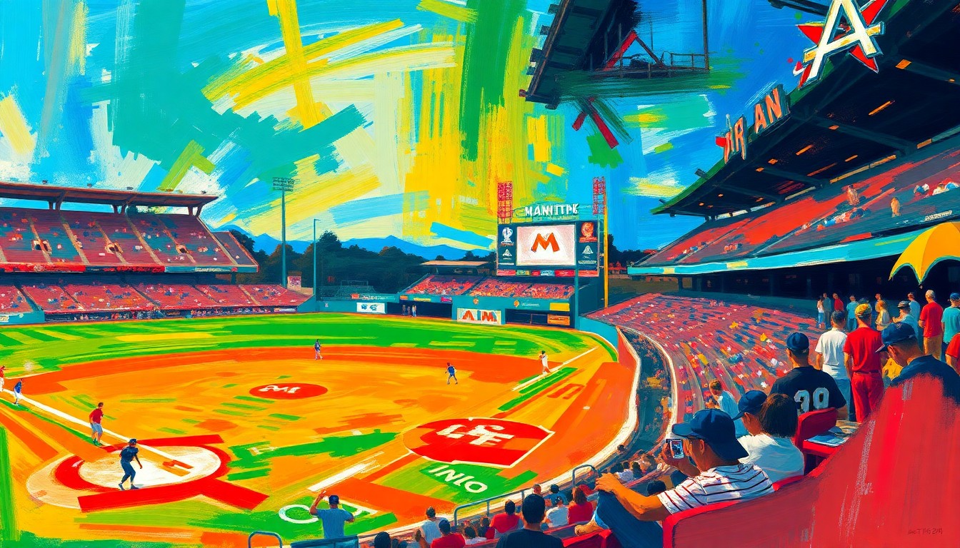 An abstract, textured painting in bright neon colors, capturing the dynamic energy and excitement of a minor league baseball game through expressive brushstrokes and splatters of paint.