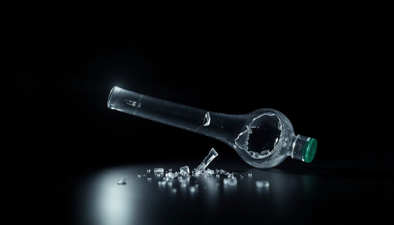 An extreme close-up photograph of a shattered glass pipe against a pitch-black background, conceptually representing the physical evidence of a drug-related crime.