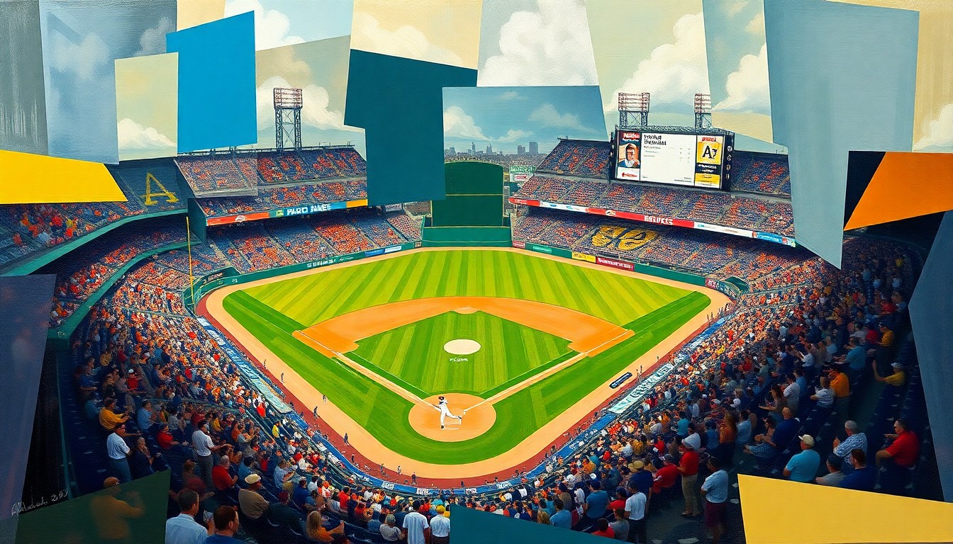 A fragmented, geometric painting depicting an abstract baseball game, with overlapping shapes and planes representing the dynamic action on the field.