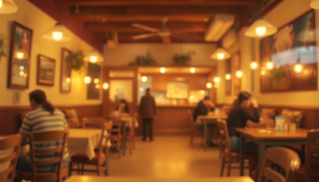 A dreamy, out-of-focus photograph in warm, hazy tones capturing the intimate, welcoming atmosphere of a family-run restaurant, with only the faintest outlines of tables, chairs, and people visible, conveying a sense of loss and community.