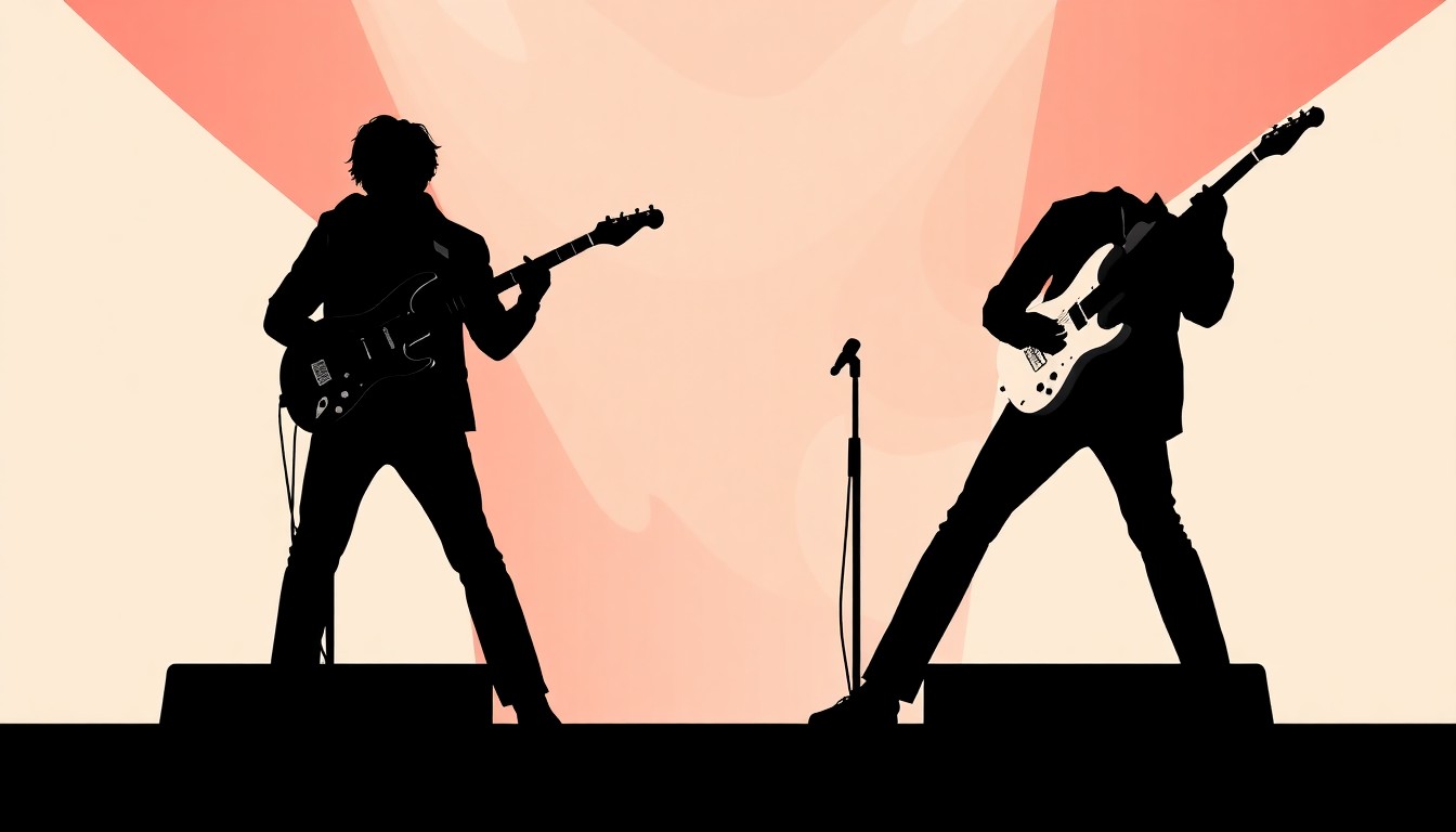 A minimalist, graphic poster featuring bold black silhouettes of two musicians playing guitars against a bright, high-contrast background in shades of red and white, conceptually representing the musical energy and excitement of the Railbird Music Festival.