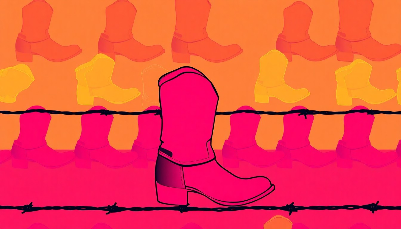 A high-contrast, brightly colored silkscreen print of a ranching tool like a branding iron or barbed wire fence, repeated in a grid pattern to create a modern pop art representation of the tools and equipment used by Montana's agricultural community.