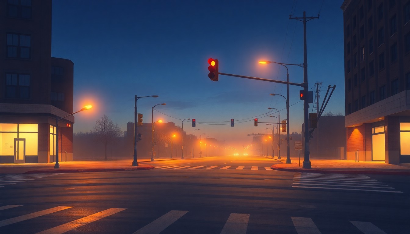 A dimly lit city street intersection at dusk, with warm, golden light casting long shadows across the pavement and buildings, creating a contemplative, nostalgic mood.