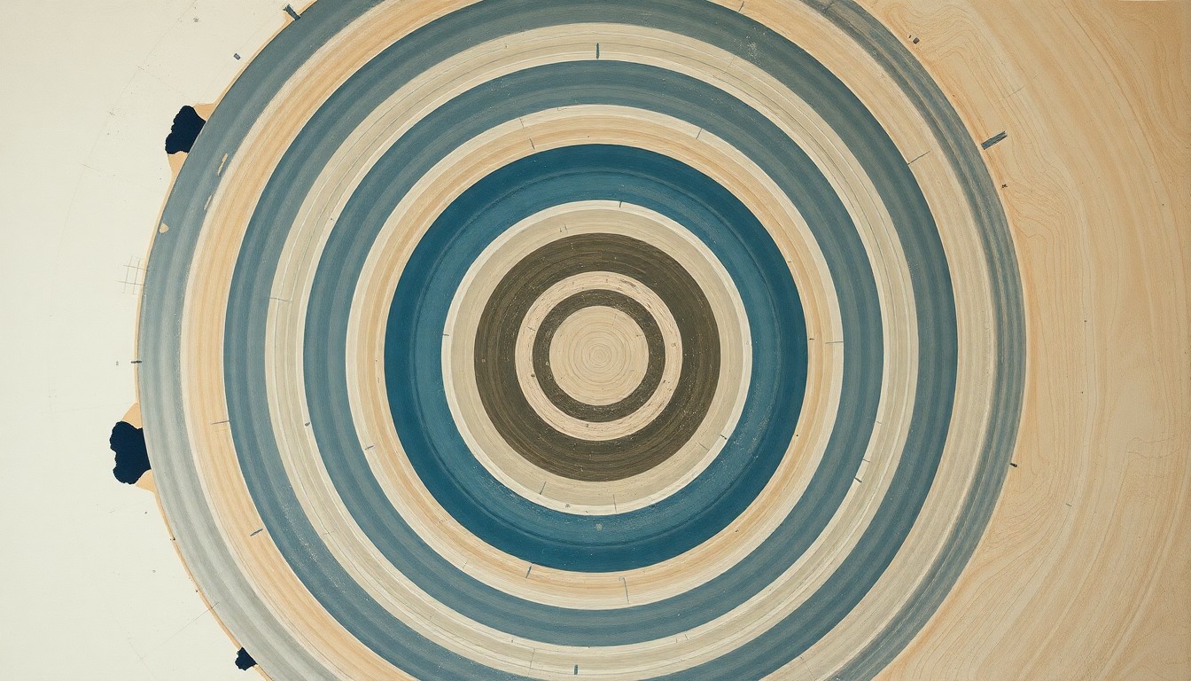A highly structured abstract painting in muted earth tones and blues, featuring sweeping geometric arcs, concentric circles, and precise botanical or physical spirals, conveying the complex interplay of natural and man-made forces that threaten the integrity of Superfund site cleanups.