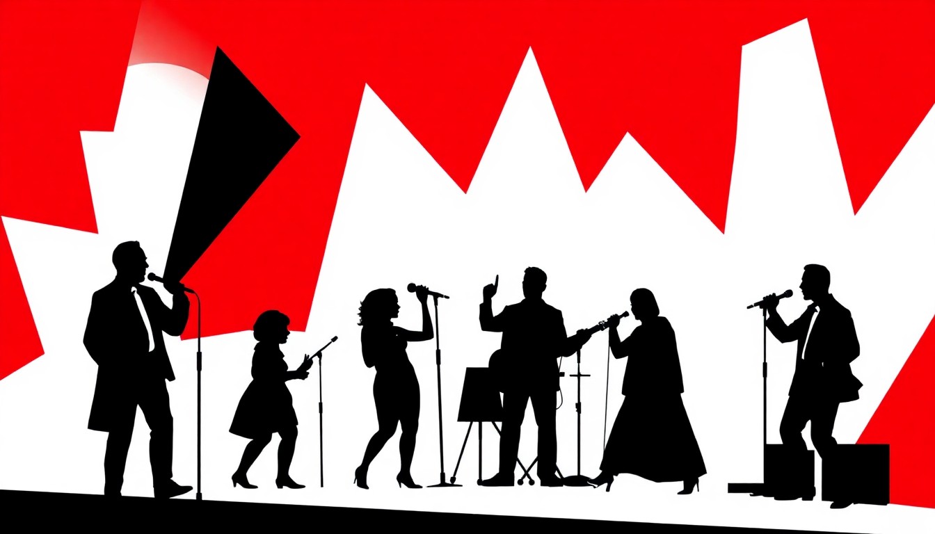 An abstract, minimalist illustration featuring bold, jagged shapes and silhouettes in high-contrast colors, conceptually representing the variety of live entertainment coming to the Capital Region in April.