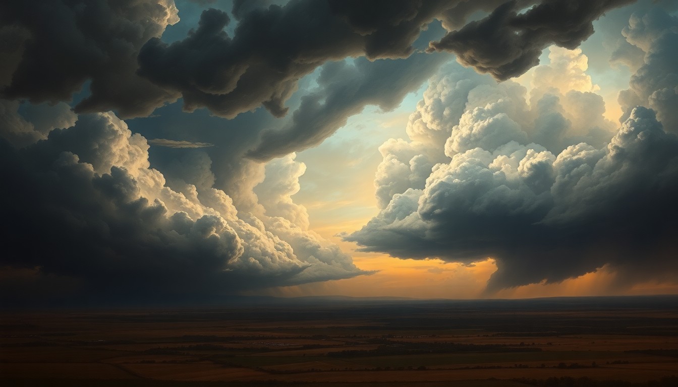 A vast, atmospheric landscape painting depicting a massive, turbulent storm system sweeping across the central United States, with only the faintest silhouettes of buildings or vehicles dwarfed by the towering, dramatic clouds.