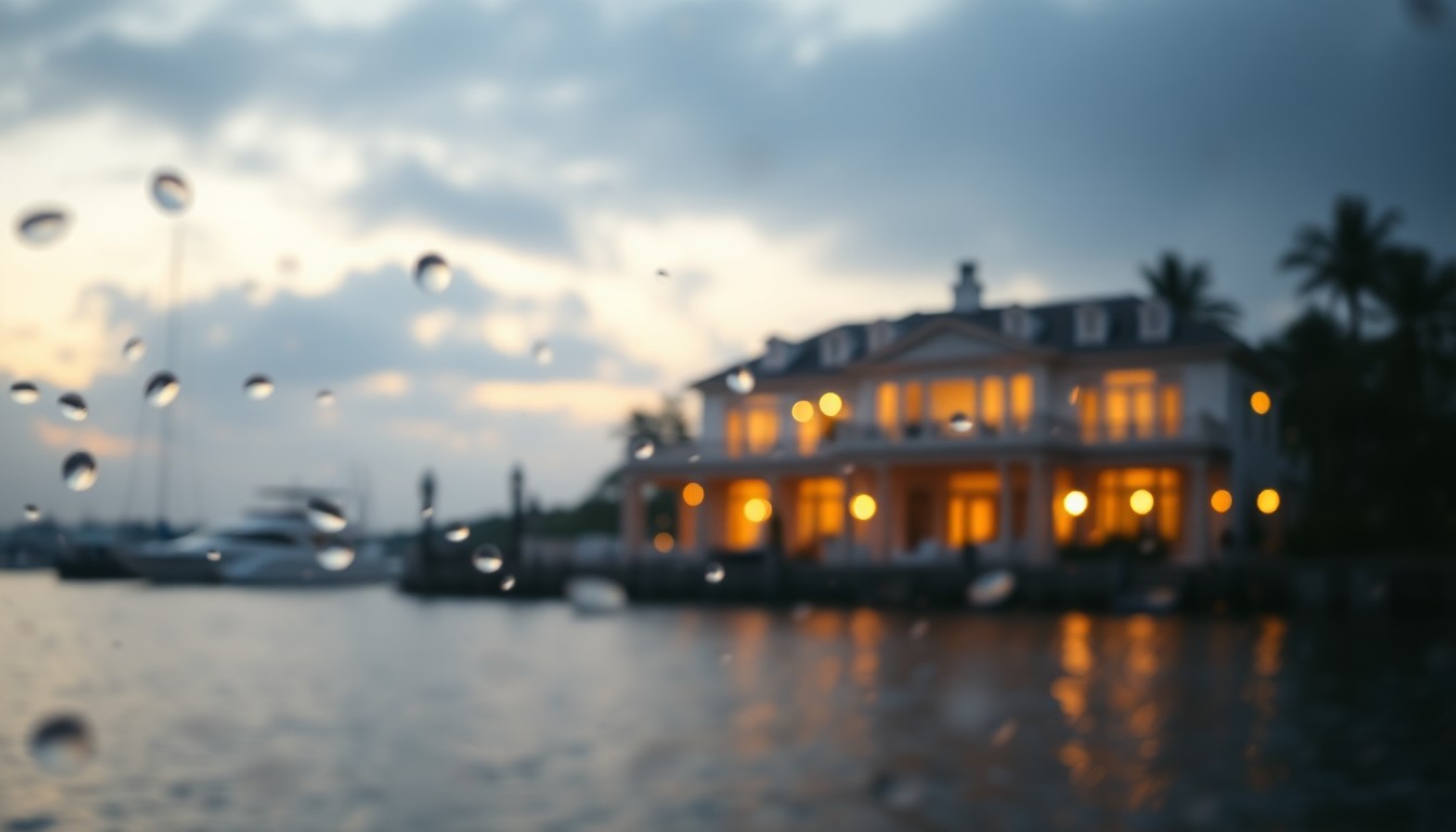 An extremely abstracted, out-of-focus photograph shot through condensation or rain-streaked glass, composed of soft pools of warm color and light that conceptually represent the tranquility and exclusivity of a luxury waterfront home.