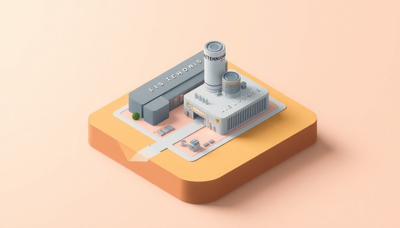 A minimalist, isometric 3D digital illustration depicting a stylized, futuristic industrial facility with clean lines, bold colors, and smooth textures, representing the advanced laser enrichment technology being developed by LIS Technologies.