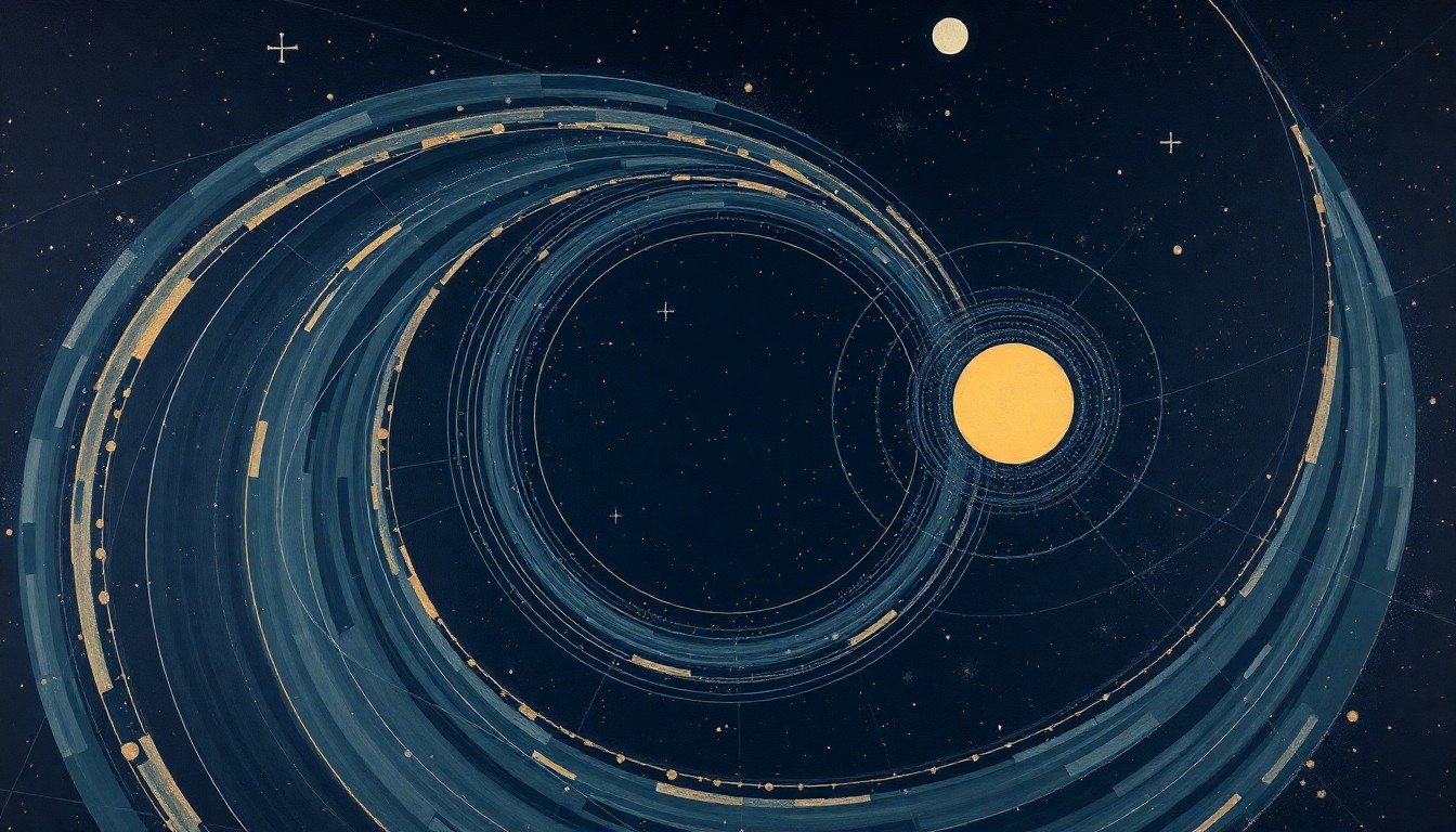 A highly structured abstract painting in soft, earthy tones against a midnight blue background, featuring sweeping geometric arcs, concentric circles, and precise botanical spirals, conceptually representing the complex natural forces and celestial phenomena that make up a dark, starry night sky.