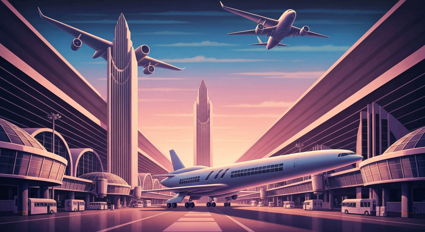 A stylized, Art Deco-inspired illustration depicting the grand, sweeping architecture of an airport terminal, with smooth gradients of blue and gray evoking the scale and momentum of air travel.