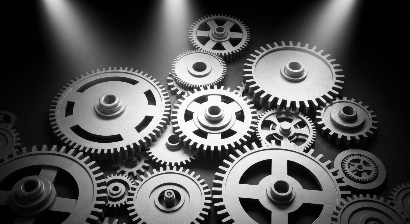 An extreme close-up of heavy, industrial-looking metal gears and machinery, representing the complex financial infrastructure and operations of a biotech company.