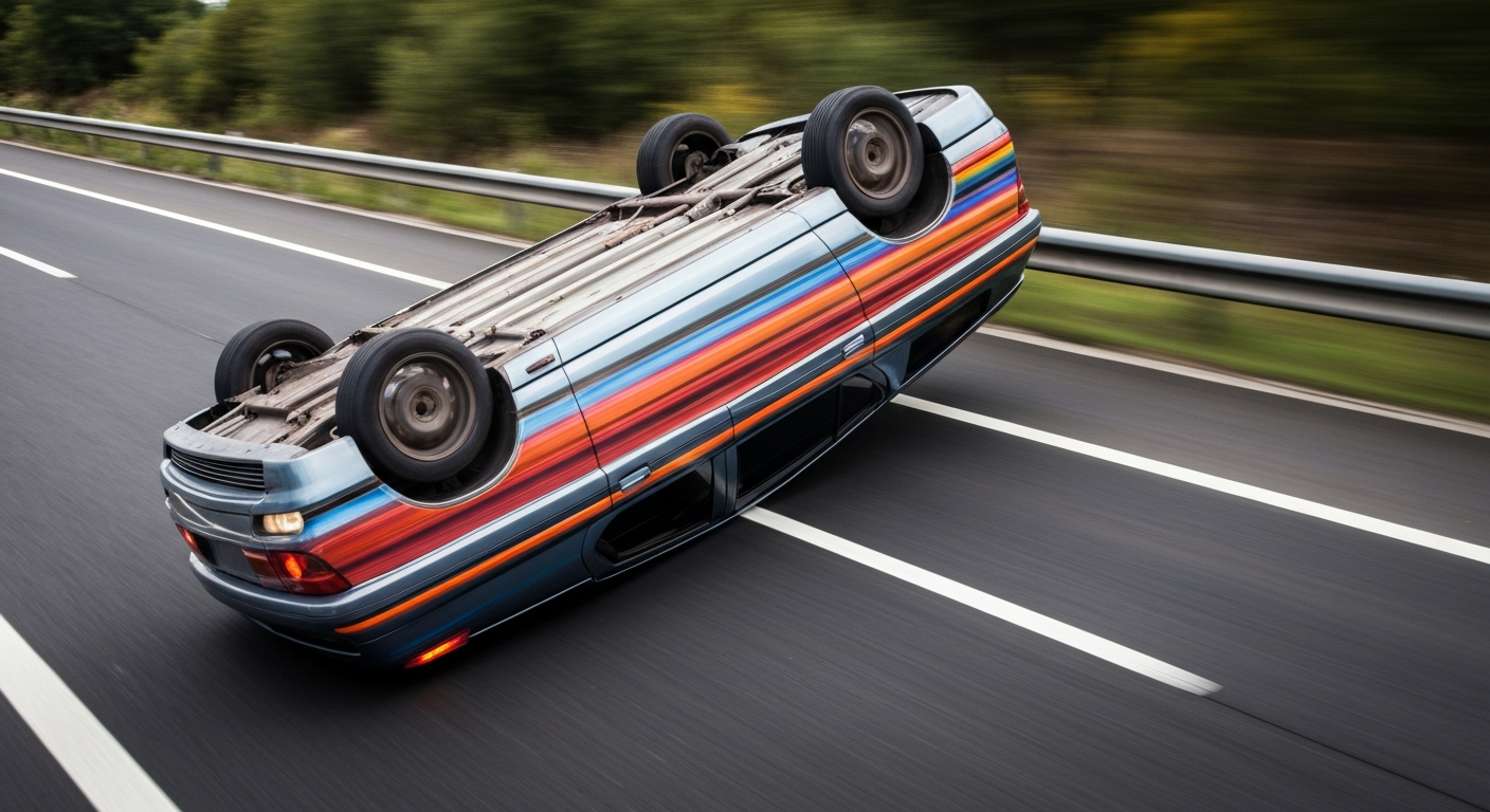 An abstract, sweeping image of a vehicle rolling over on a highway, the car reduced to vibrant streaks of color and motion, conveying the chaos and danger of a rollover collision.