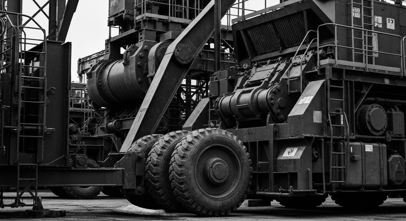 A high-contrast, black and white close-up image of heavy industrial machinery and equipment used in logistics, conveying a sense of scale, power, and the physical infrastructure that underpins the supply chain industry.