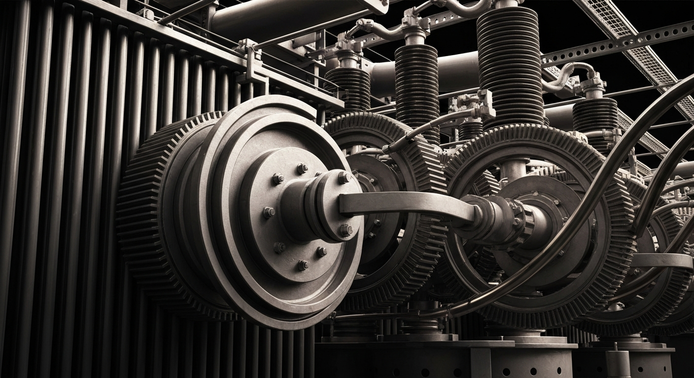 An extreme close-up of the interlocking metal components and wiring of an industrial electrical transformer, conveying the complex, physical nature of the utility's operations without using any text or symbols.