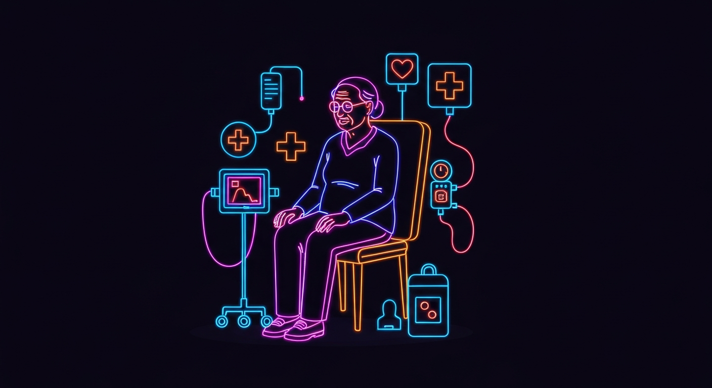 A glowing, neon outline of an elderly person sitting in a chair, surrounded by medical equipment and symbols of home care, conceptually representing the personalized, in-home healthcare services provided by A Kind Heart Healthcare Services.