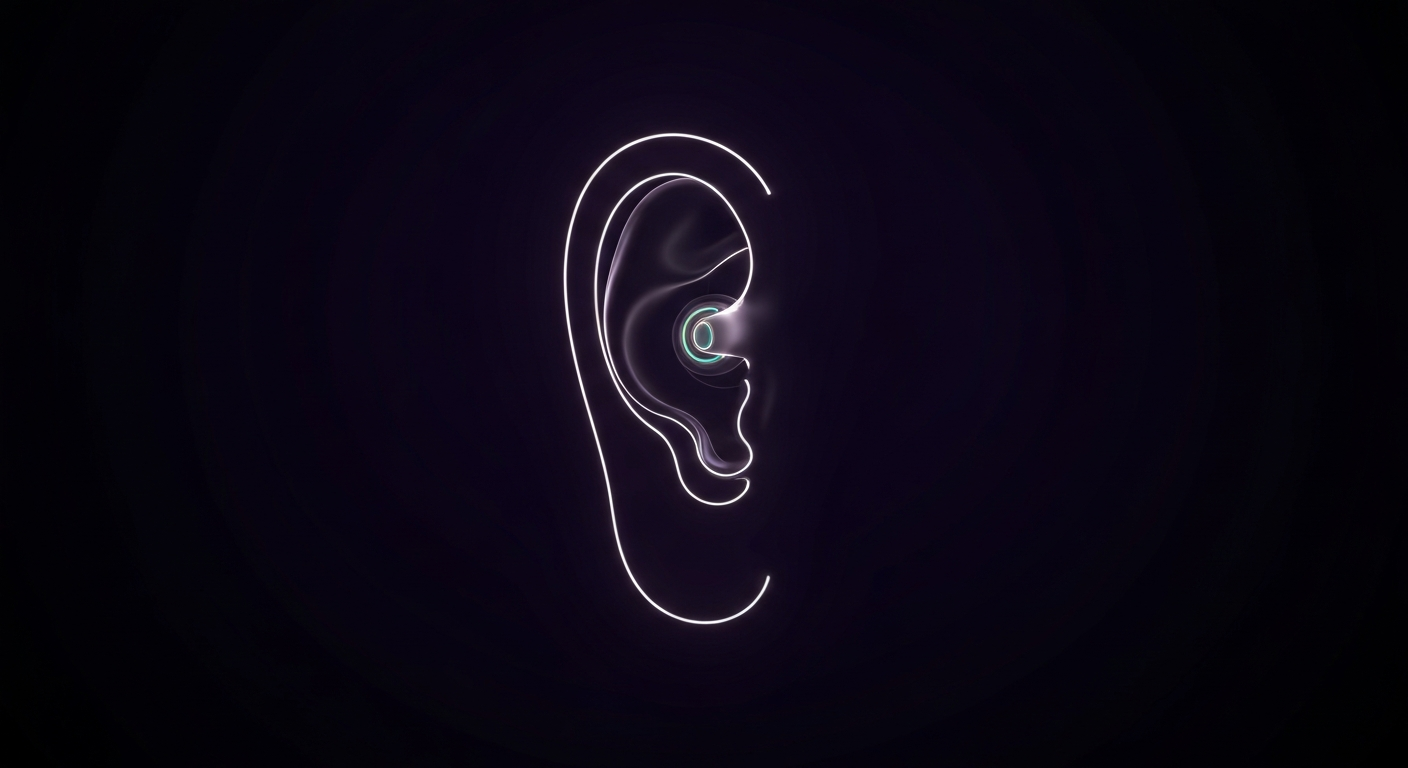 A vibrant, neon outline of a human ear against a dark background, conceptually representing the advanced hearing technology of the Oticon Zeal device.