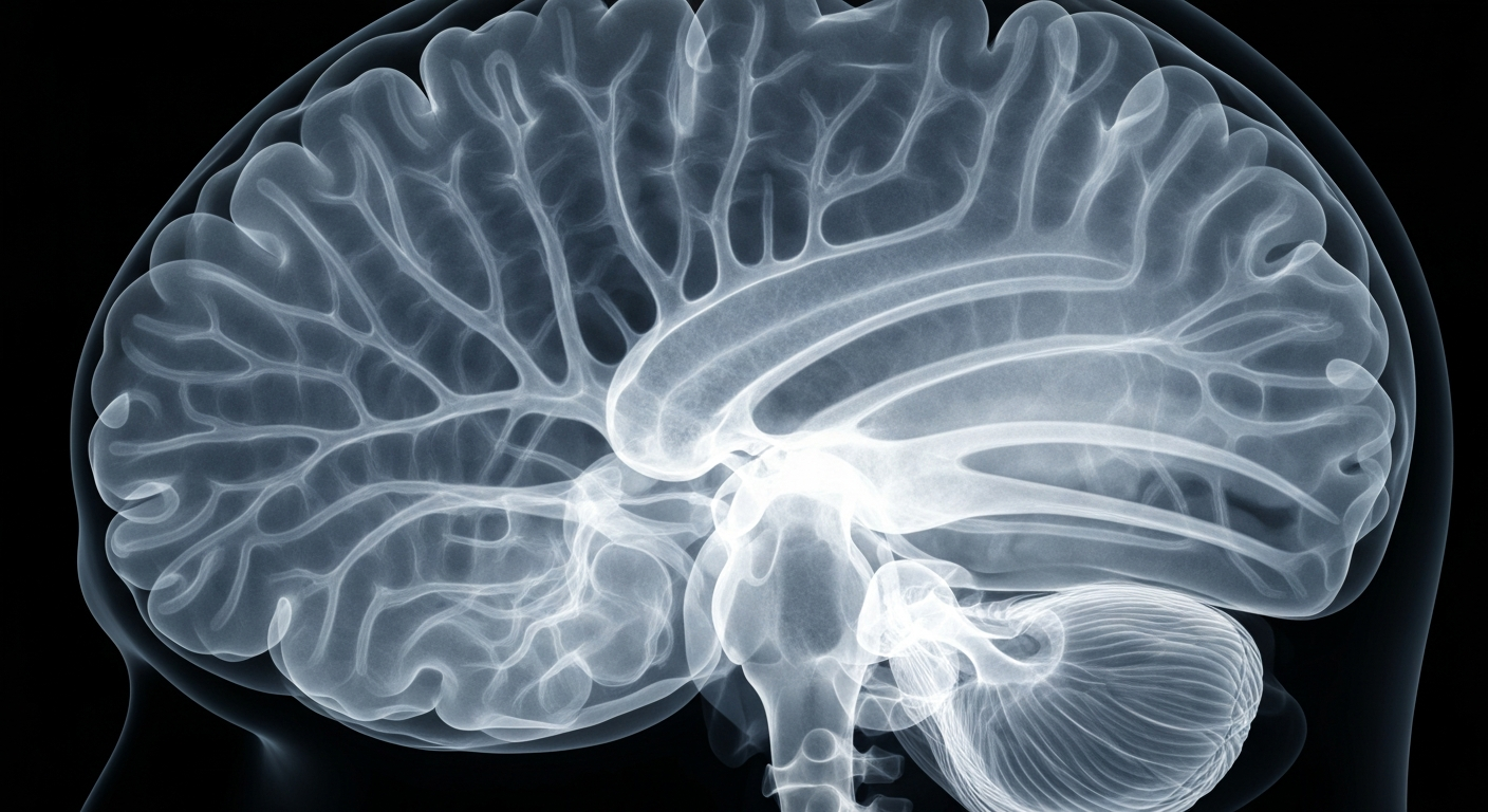 An extreme close-up X-ray photograph revealing the intricate, ghostly structure of a human brain, hinting at the complex neurological processes affected by Huntington's disease.