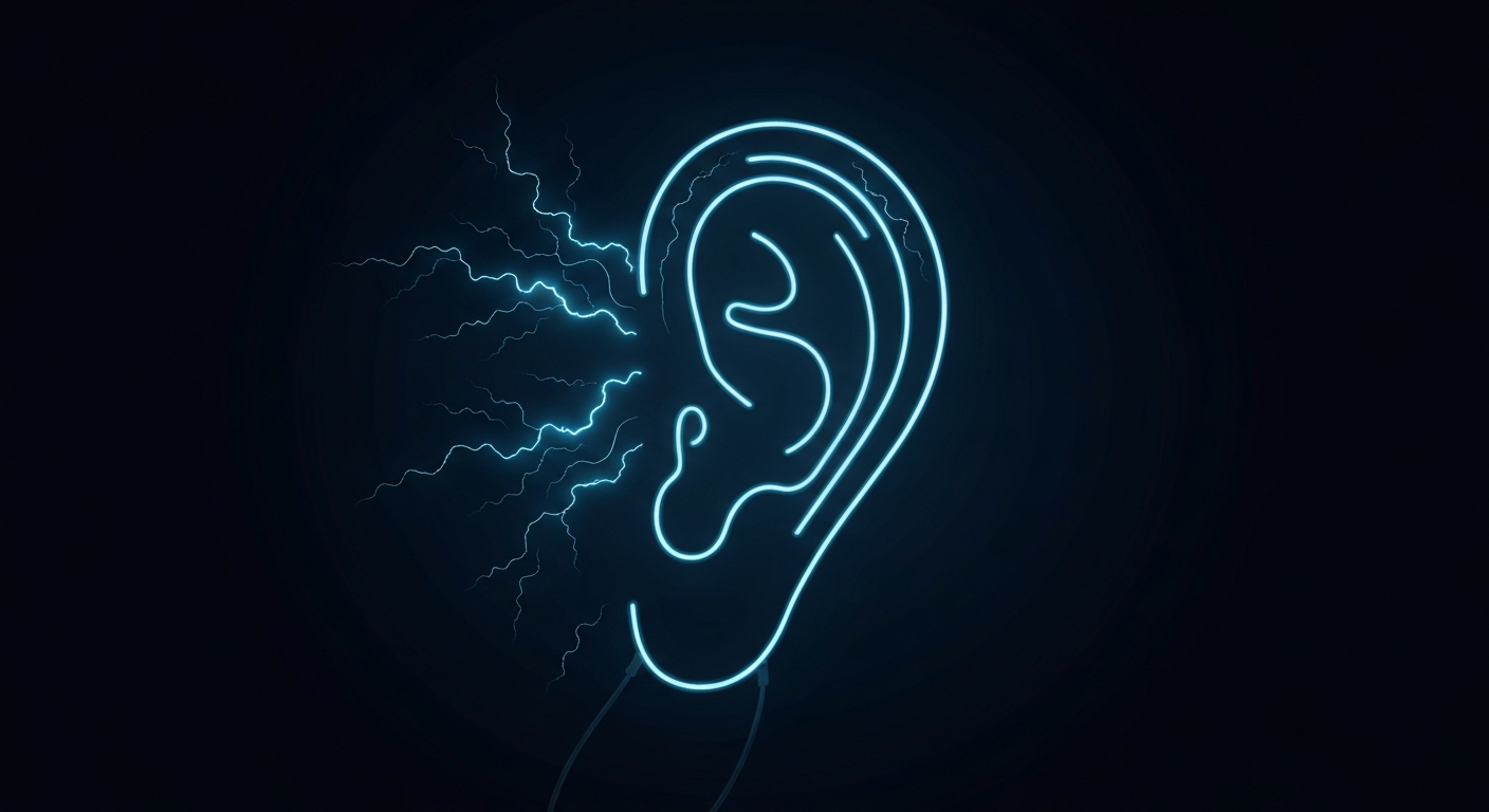 A glowing neon outline of an amplified human ear against a dark background, symbolizing the heightened sensitivity to sound experienced by those with misophonia.