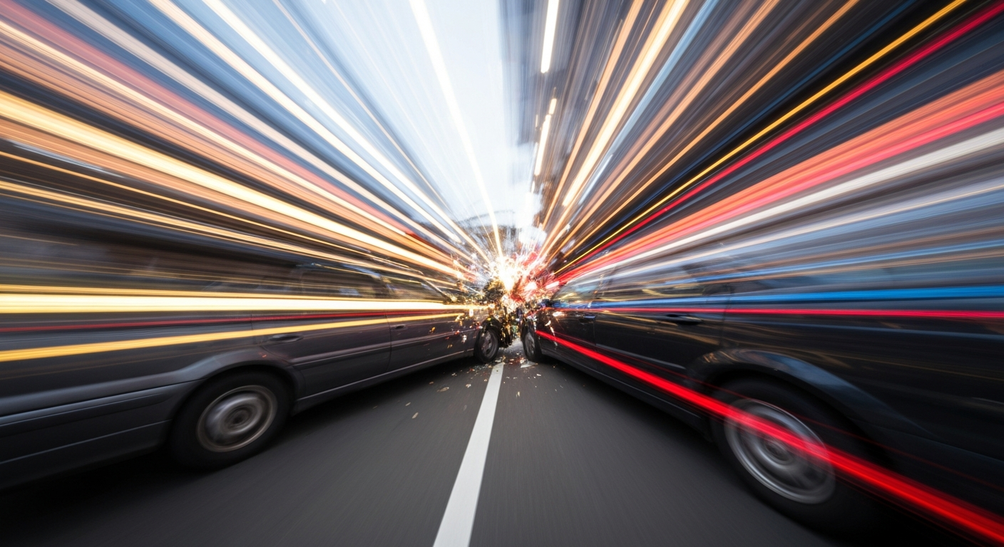 An abstract, blurred image of two colliding vehicles in a chaotic swirl of vibrant colors, conceptually representing the speed and force of a T-bone accident.