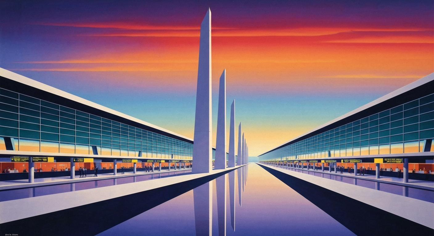 A highly stylized, geometric illustration depicting the grand scale and streamlined design of an airport terminal, with sweeping lines and gradients evoking a sense of order and efficiency.