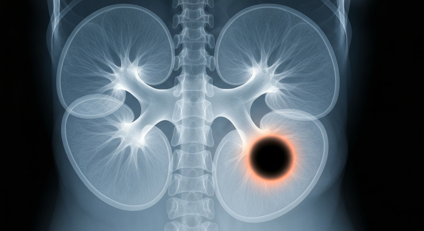 A highly detailed, translucent X-ray image showing the internal structure of a human kidney, with a dark, ominous mass visible within the organ.
