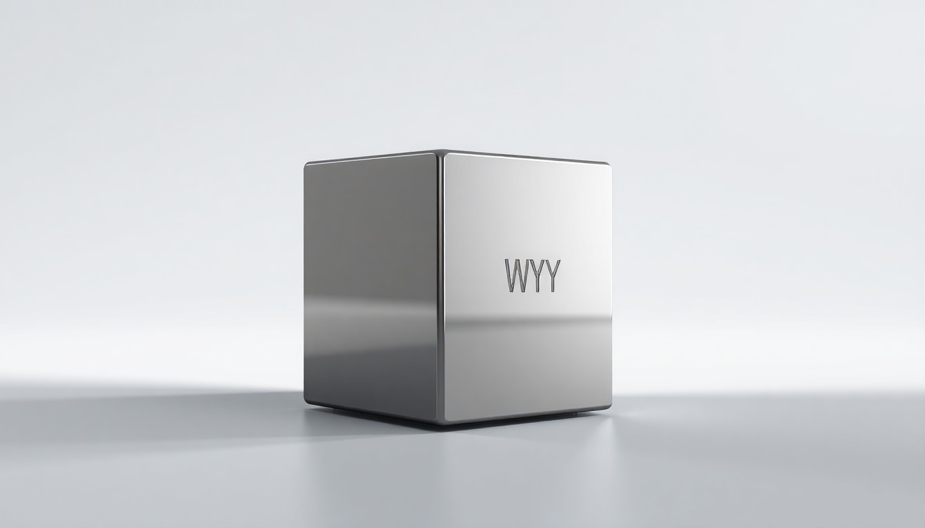 A close-up photograph of a polished, geometric metal cube with a subtle engraved 'KWY' logo, floating on a clean, monochromatic background and dramatically lit from the side to highlight the premium materials and casting deep shadows.