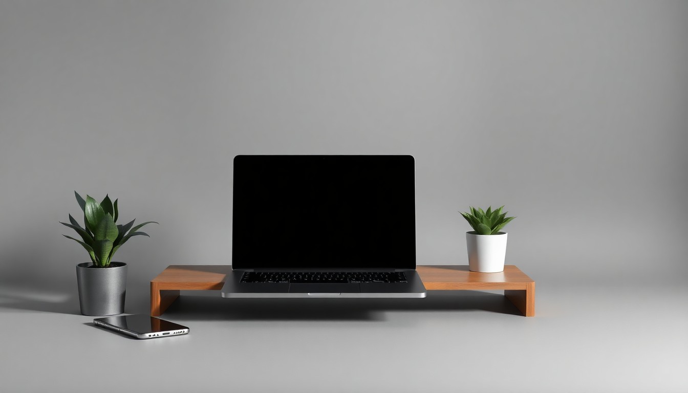 A minimalist, high-end studio still life photograph featuring a sleek desk setup with a laptop, smartphone, and potted plant, conveying a sense of professional growth and strategic expansion.