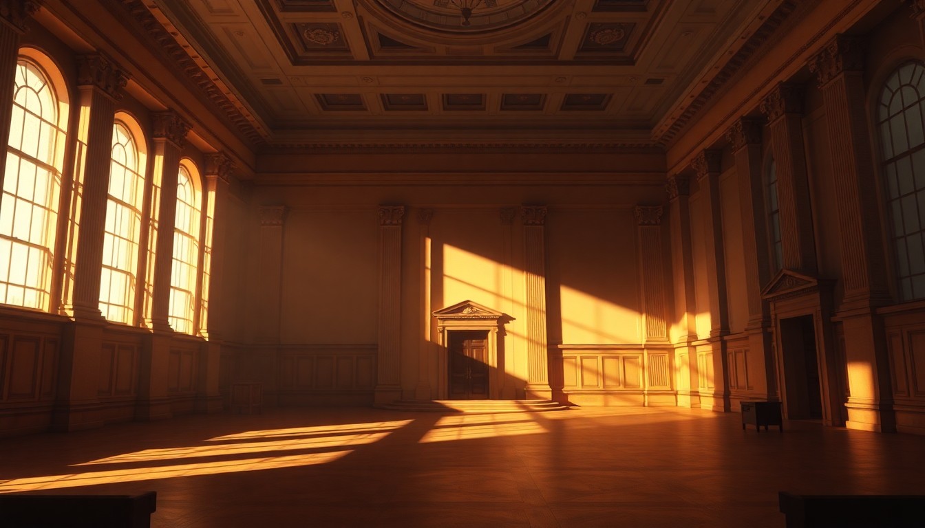 A dimly lit, cinematic interior of a government building or courthouse, with warm sunlight streaming through windows and casting deep shadows across the empty space, conveying a sense of quiet contemplation and the gravity of a judicial decision.