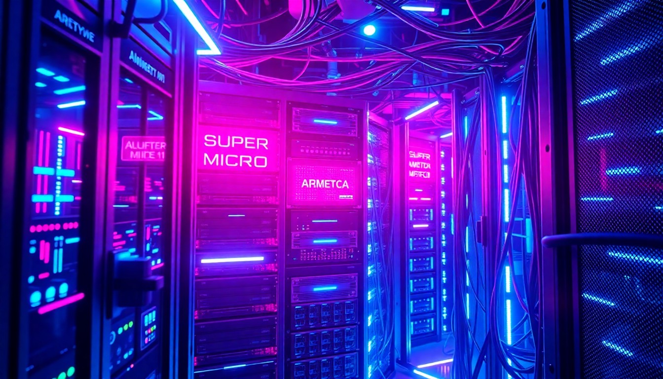 A highly detailed, glowing 3D illustration of a futuristic server rack or data center hardware infrastructure, bathed in neon cyan and magenta lights, conceptually representing the complex, high-tech nature of the AI computing hardware that Super Micro Computer supplies and the vulnerabilities and risks associated with the company's recent legal troubles.