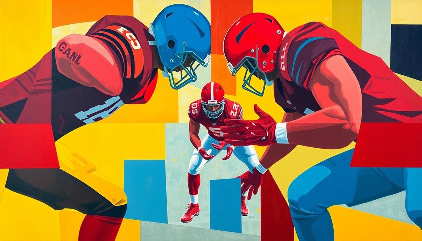 A fractured, cubist-style painting depicting an offensive lineman's blocking motion, with sharp geometric shapes and planes in vibrant colors representing the raw power and athleticism of the position.