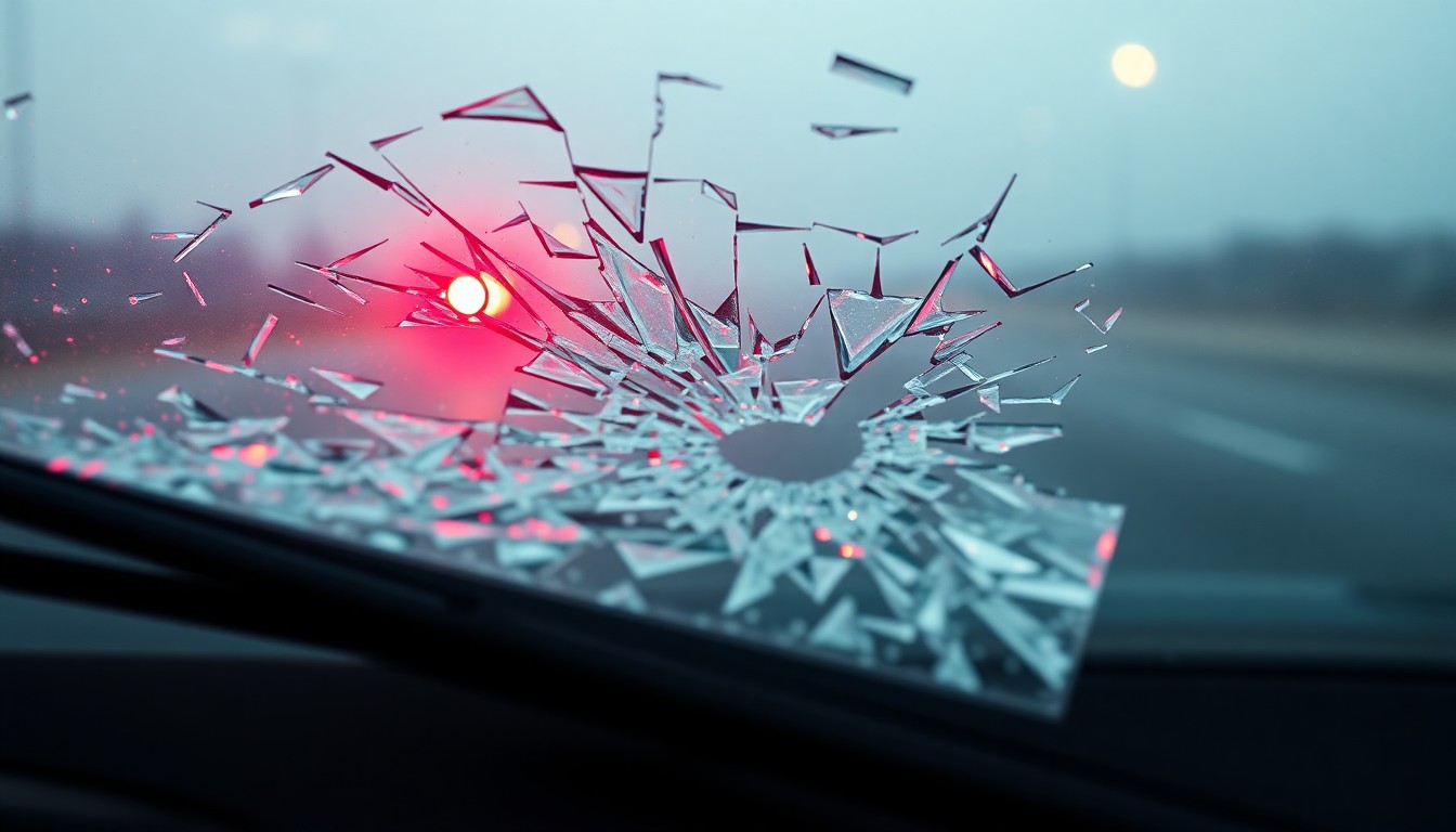 An extreme close-up photograph of a shattered car windshield, the glass reflecting a faint red light, conceptually illustrating the aftermath of a high-speed, impaired driving collision.