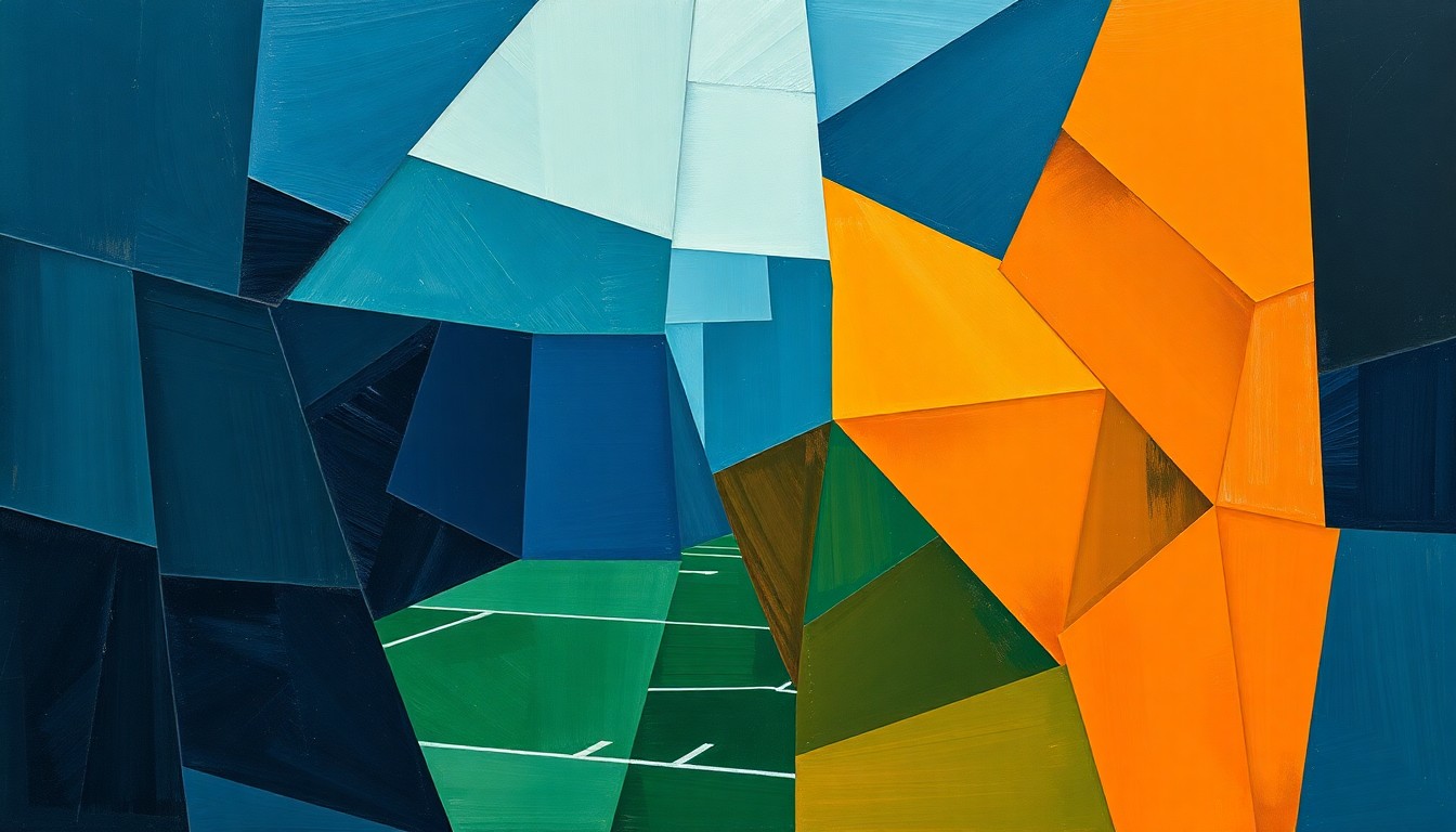 A fragmented, geometric painting depicting a football game or match, with sharp planes of navy, green, and orange overlapping to create a dynamic, abstract composition.